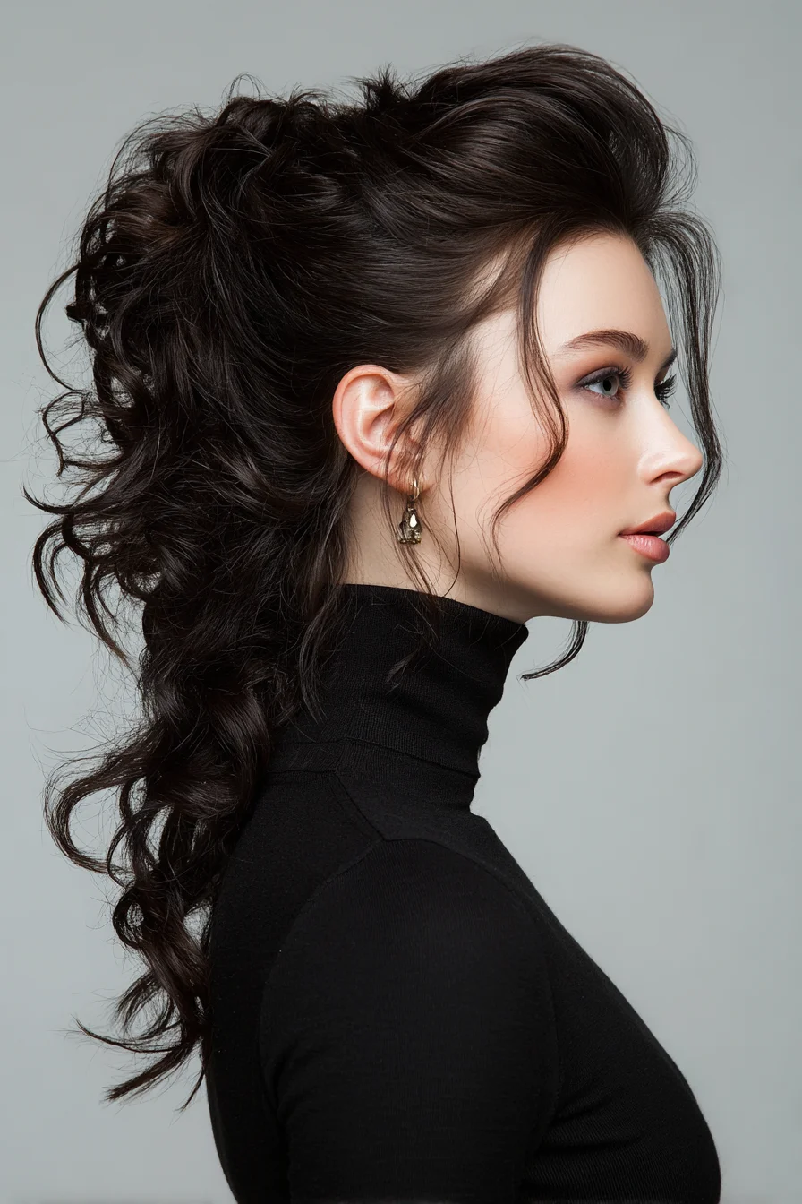 Voluminous Textured Curly Half‑Up Ponytail with Face‑Framing Tendrils