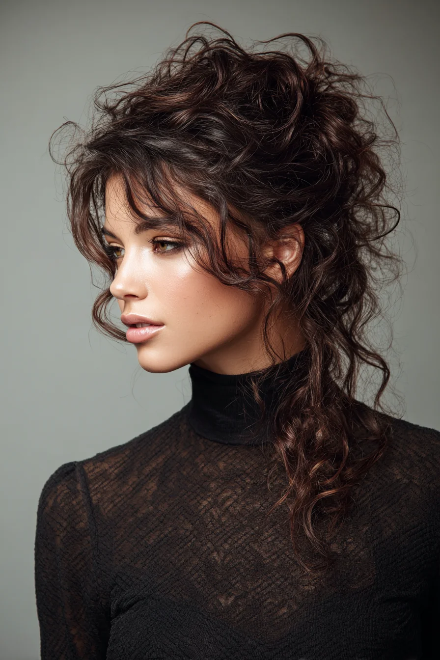 Voluminous Textured Curly Updo with Soft Face‑Framing Tendrils