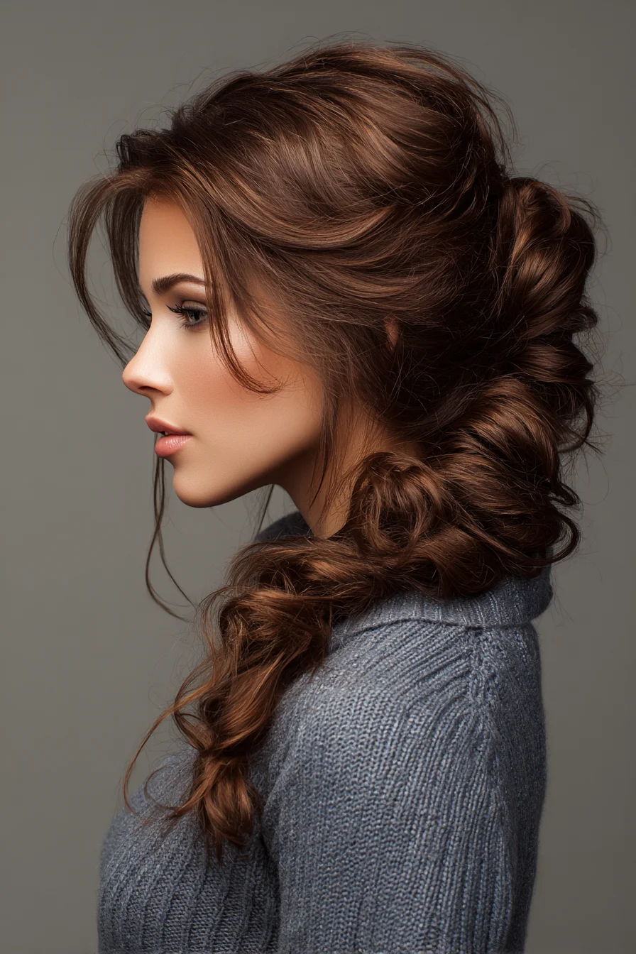 Voluminous Textured Side Braid-Bun with Face-Framing Layers