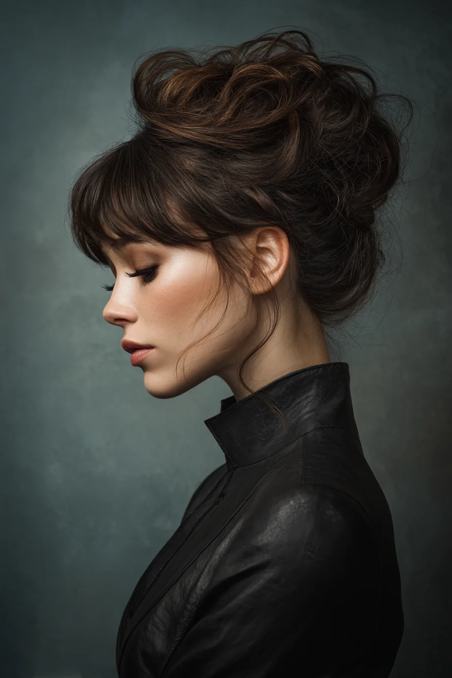 Voluminous Textured Updo with Soft Fringe — Messy Chignon for Medium Hair