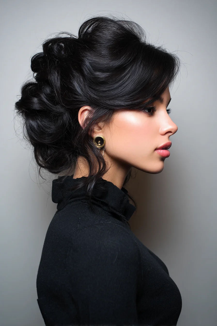 Voluminous Textured Updo with Soft Side-Swept Fringe