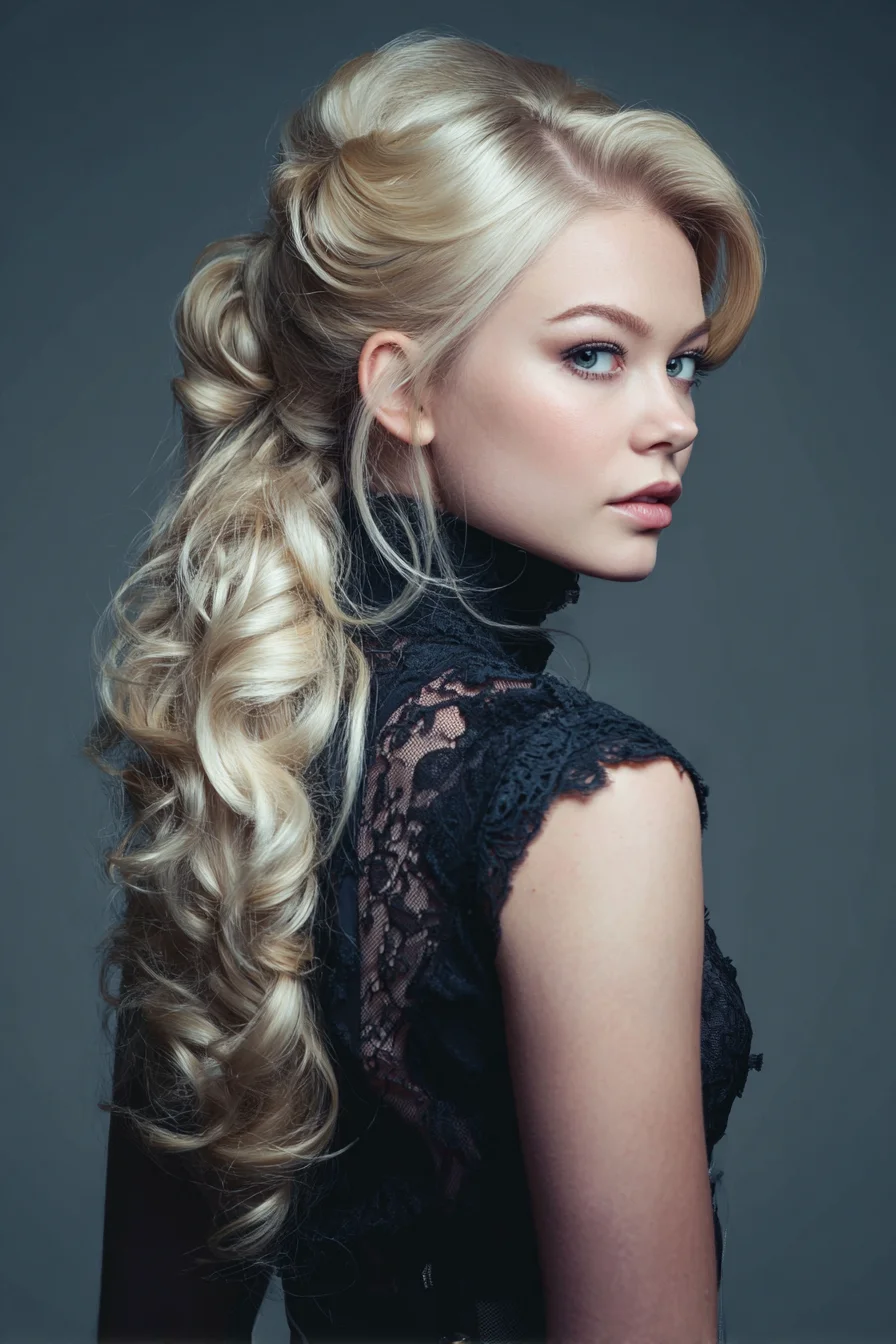 Voluminous Twisted Crown Ponytail with Cascading Barrel Curls