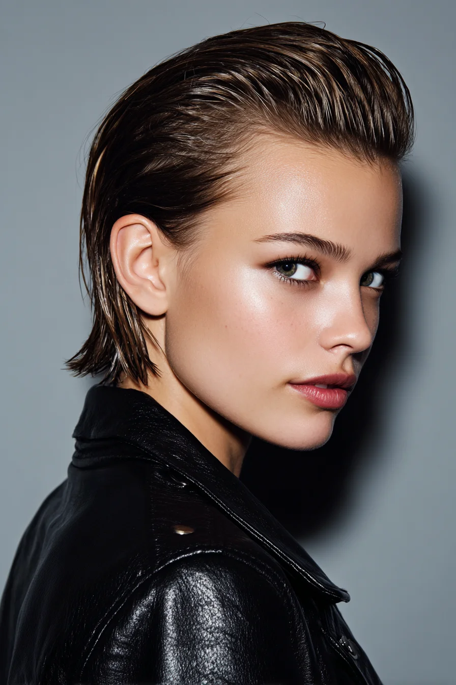 Wet-Look Slicked-Back Short Bob — Textured Sleek Back