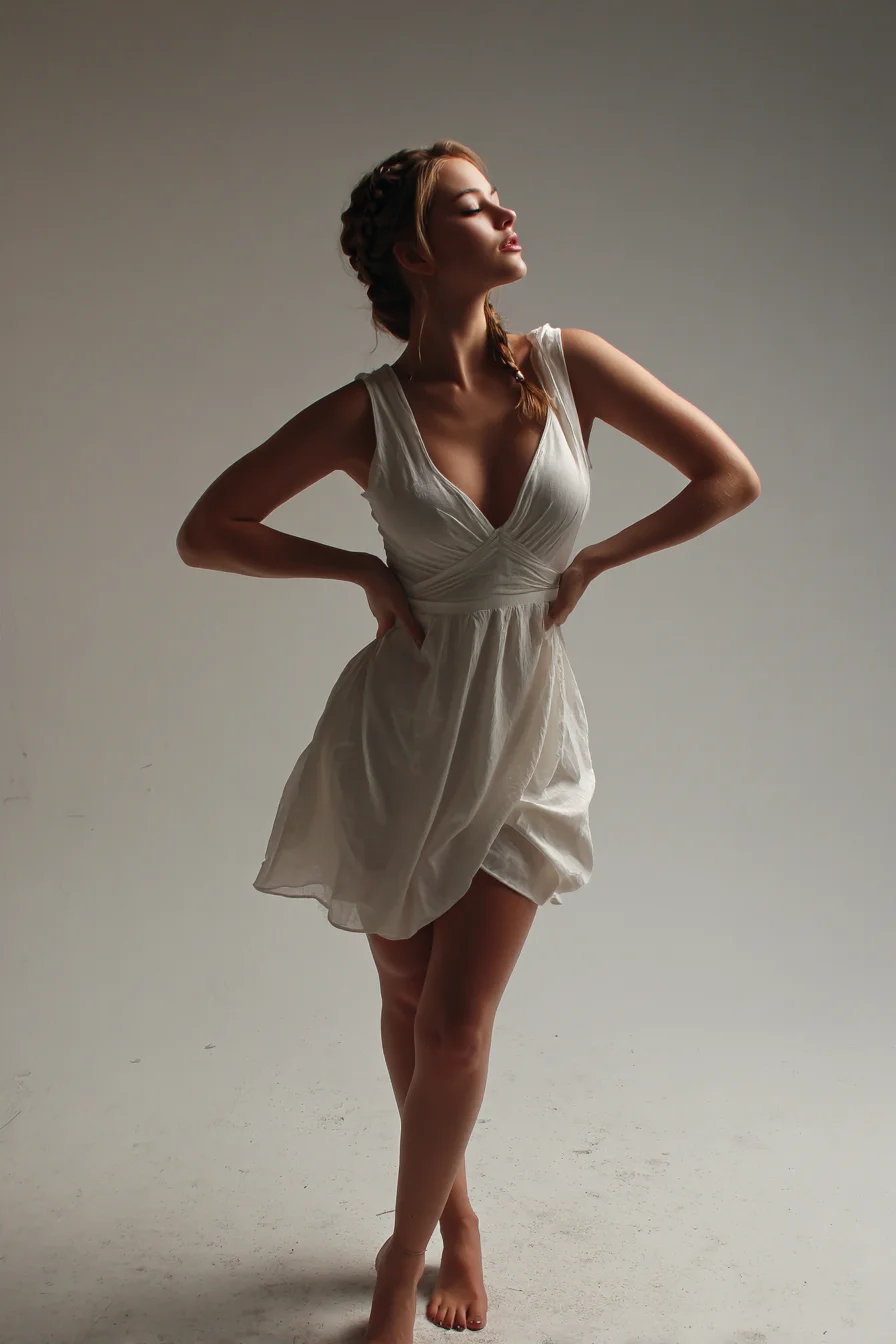 Bare feet, braided crown, white dress