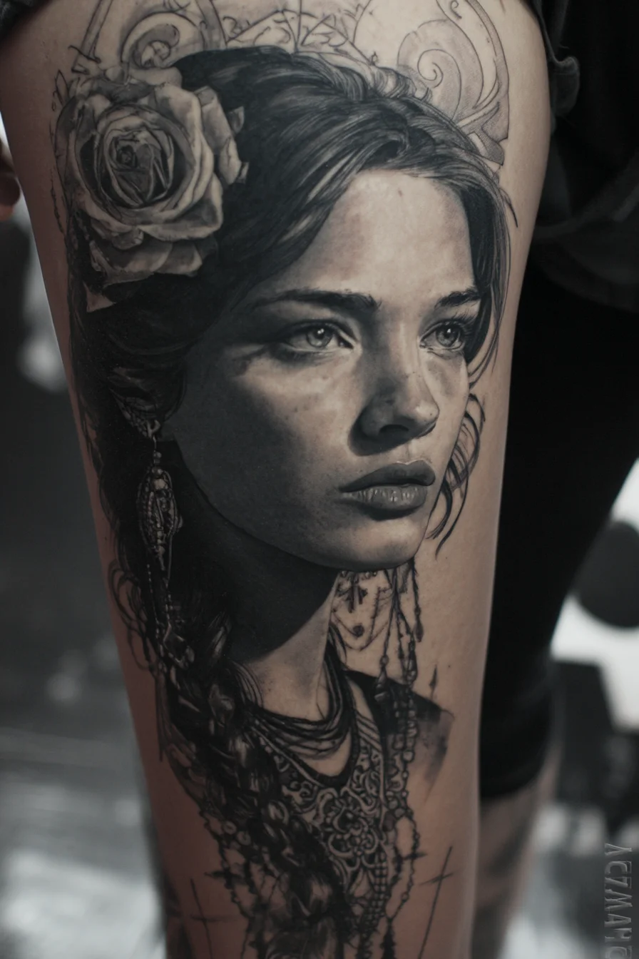 Black and Grey Portrait Thigh Tattoo