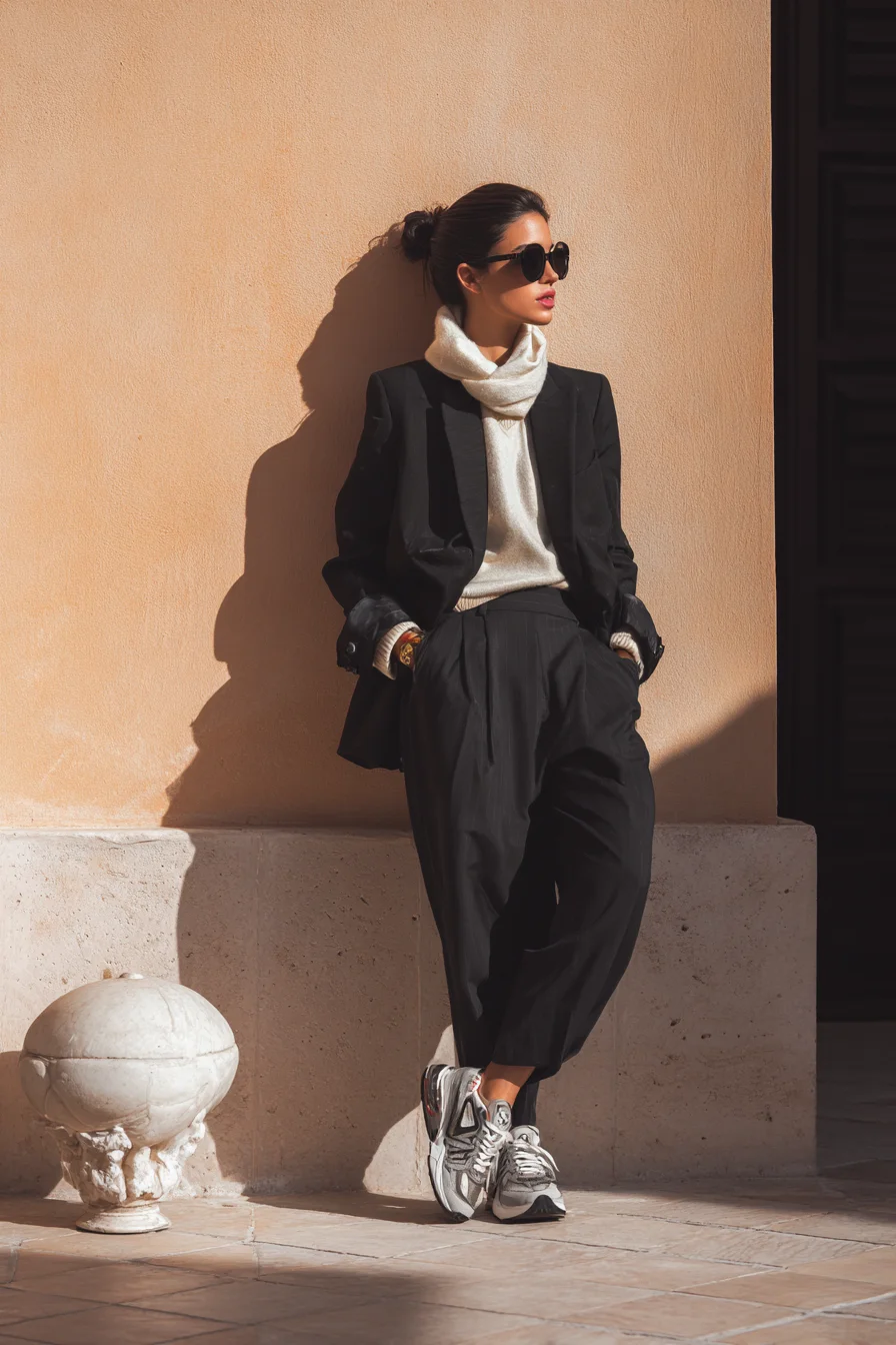Black Blazer, Chunky Sneakers, Warm Sun