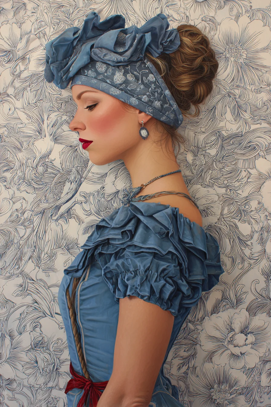 Blue Ruffles Against Toile