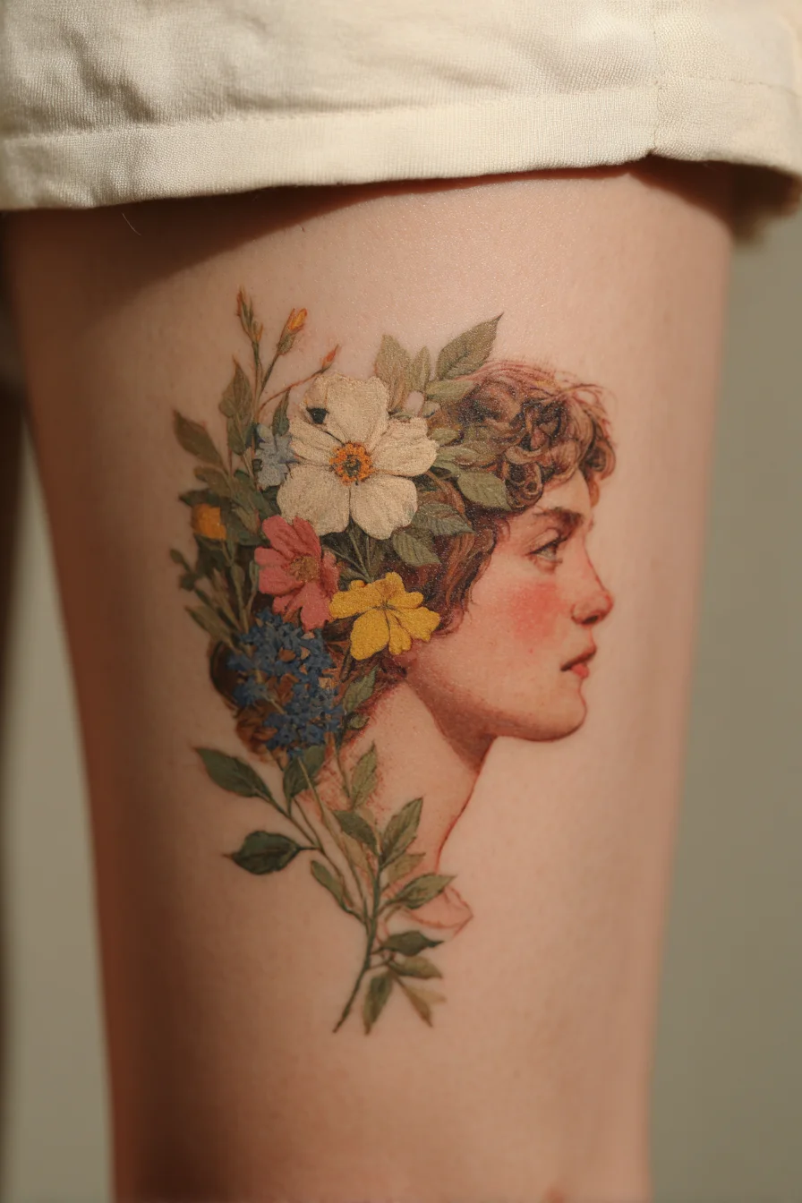 Botanical Portrait Thigh Tattoo