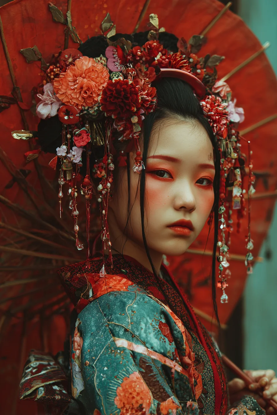 Crimson Bloom in Traditional Dress
