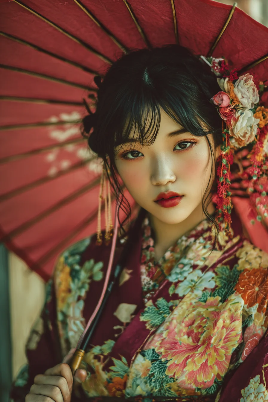 Crimson Parasol and Floral Kimono