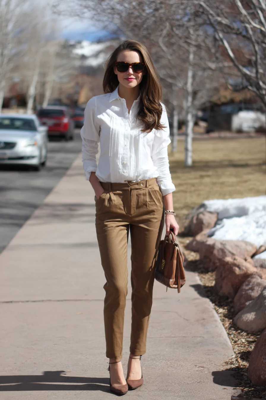 Crisp White Shirt, Warm Earth Tones
