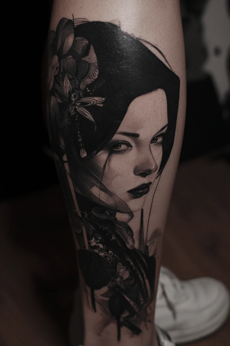 Dark Portrait Tattoo on Calf
