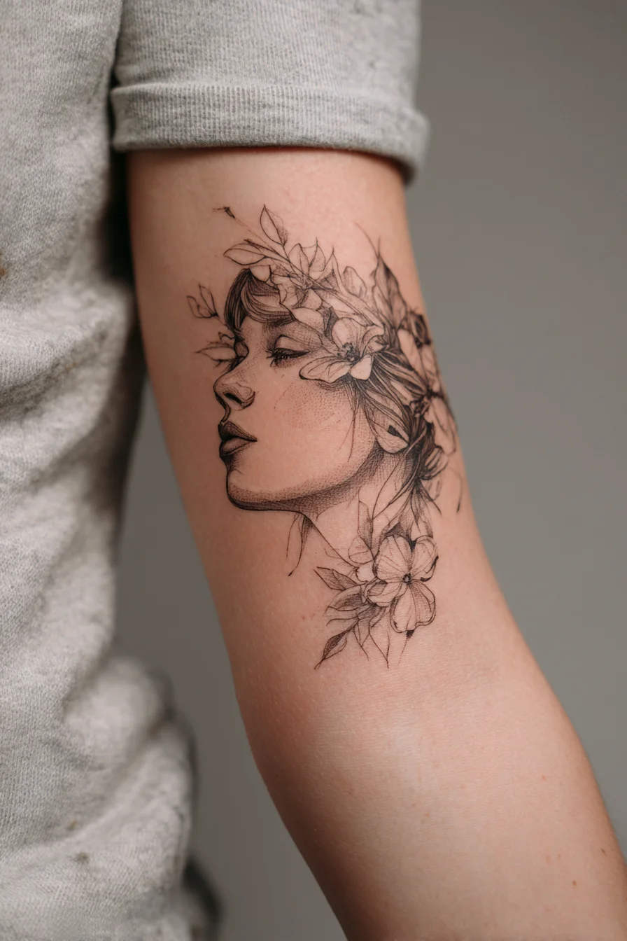 Fine Line Floral Portrait Arm Tattoo