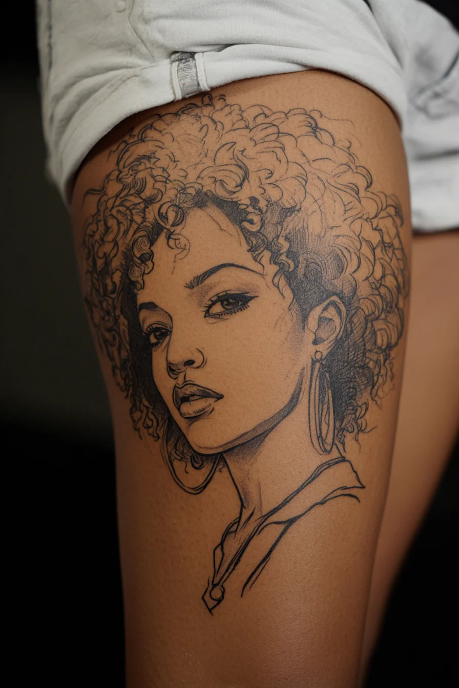 Fine Line Portrait on the Thigh