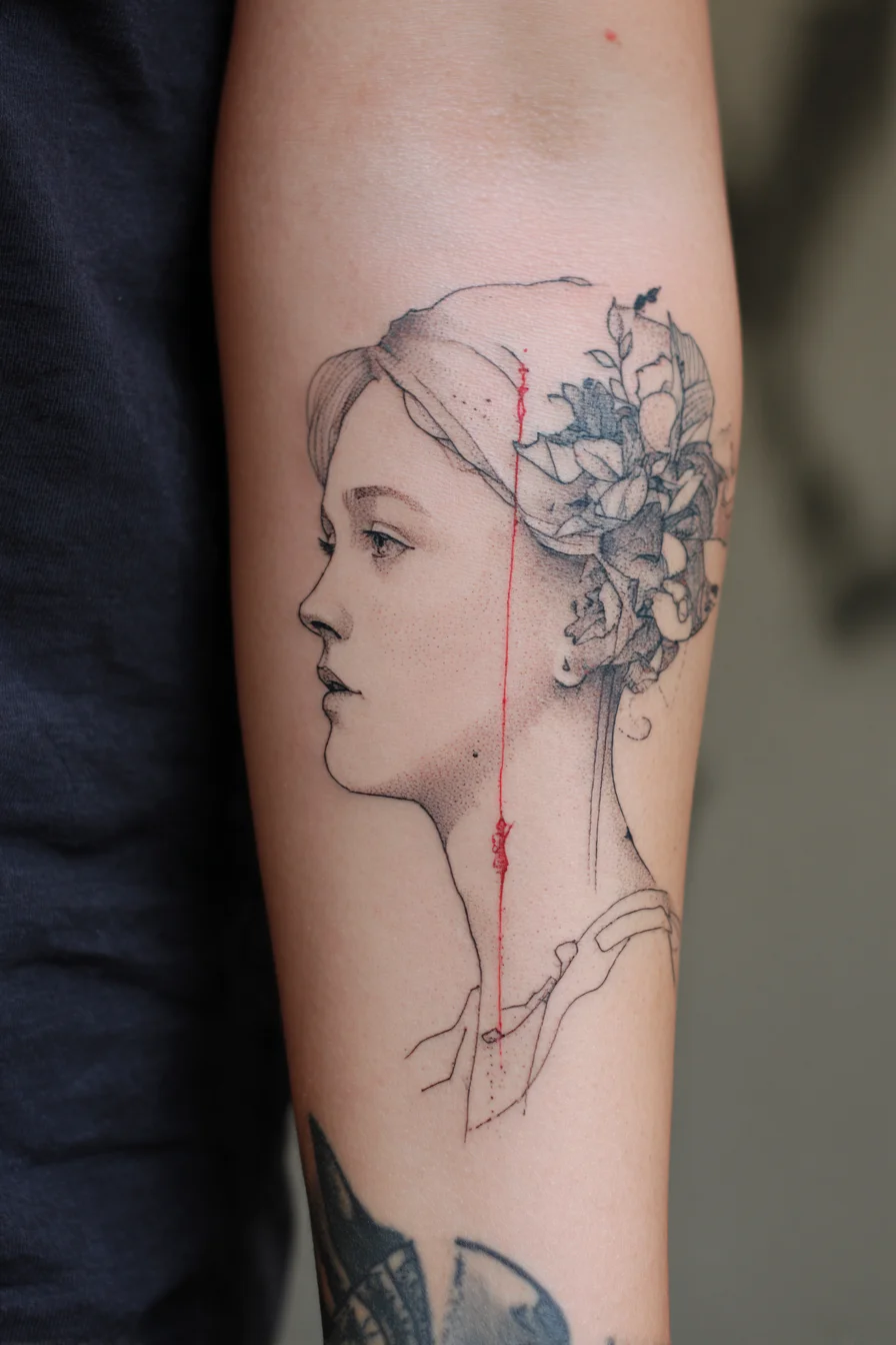 Fine Line Portrait With a Red Thread