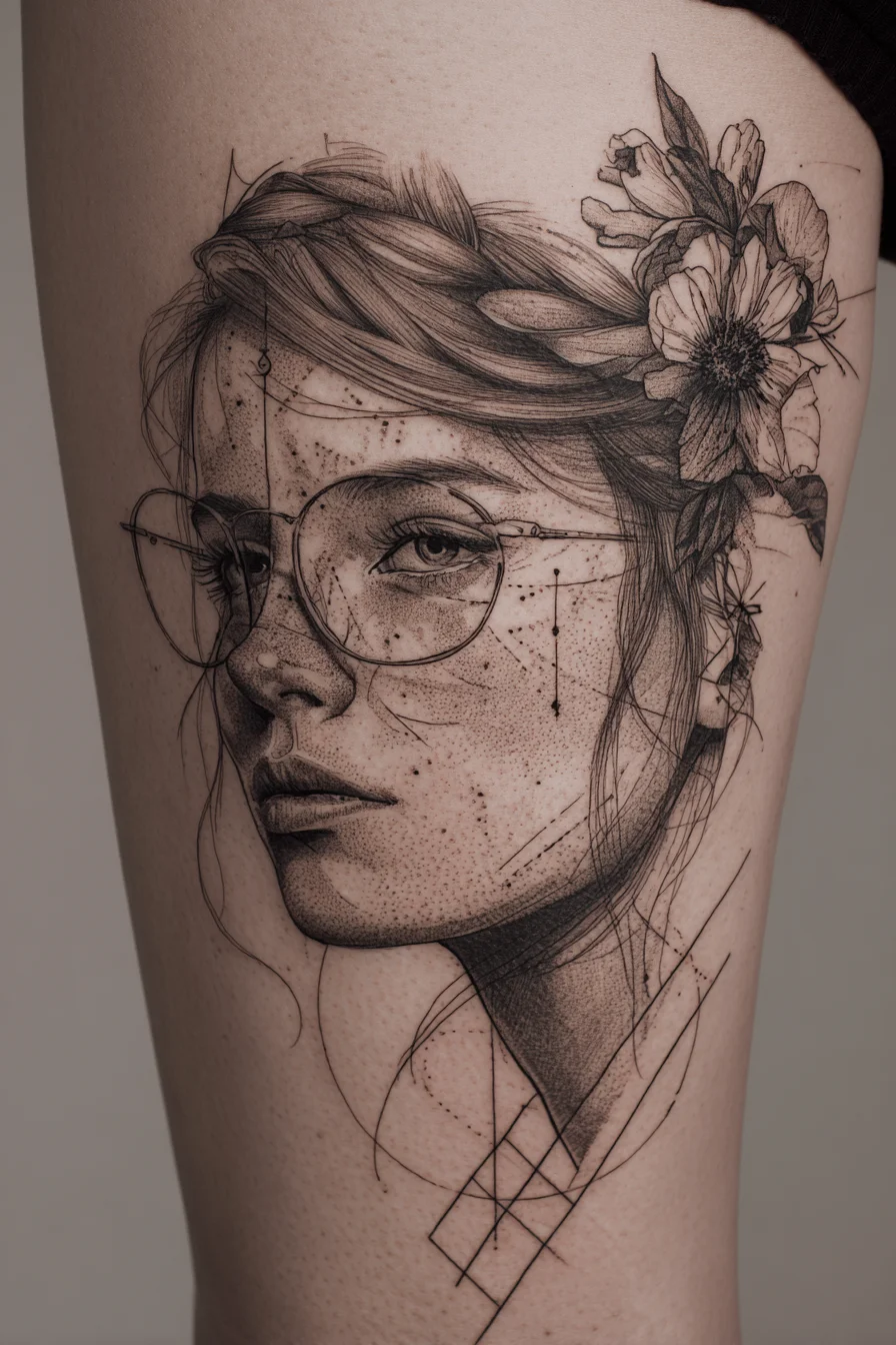 Fine Line Portrait with Florals
