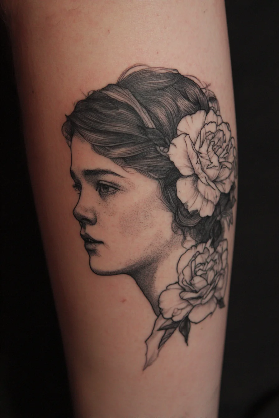 Fine Line Portrait with Peonies 10