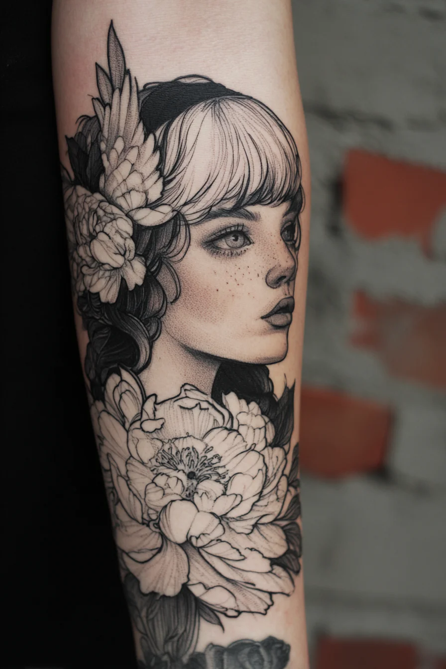 Fine Line Portrait with Peonies