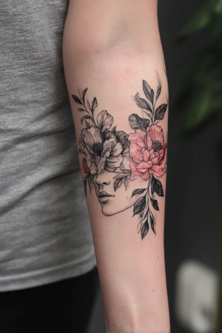 Floral Face Forearm Tattoo