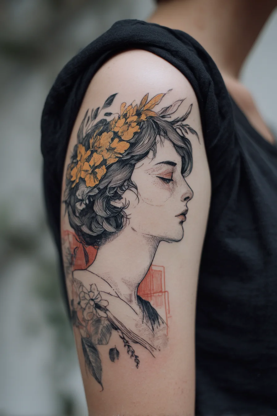 Floral Portrait in Ink and Gold