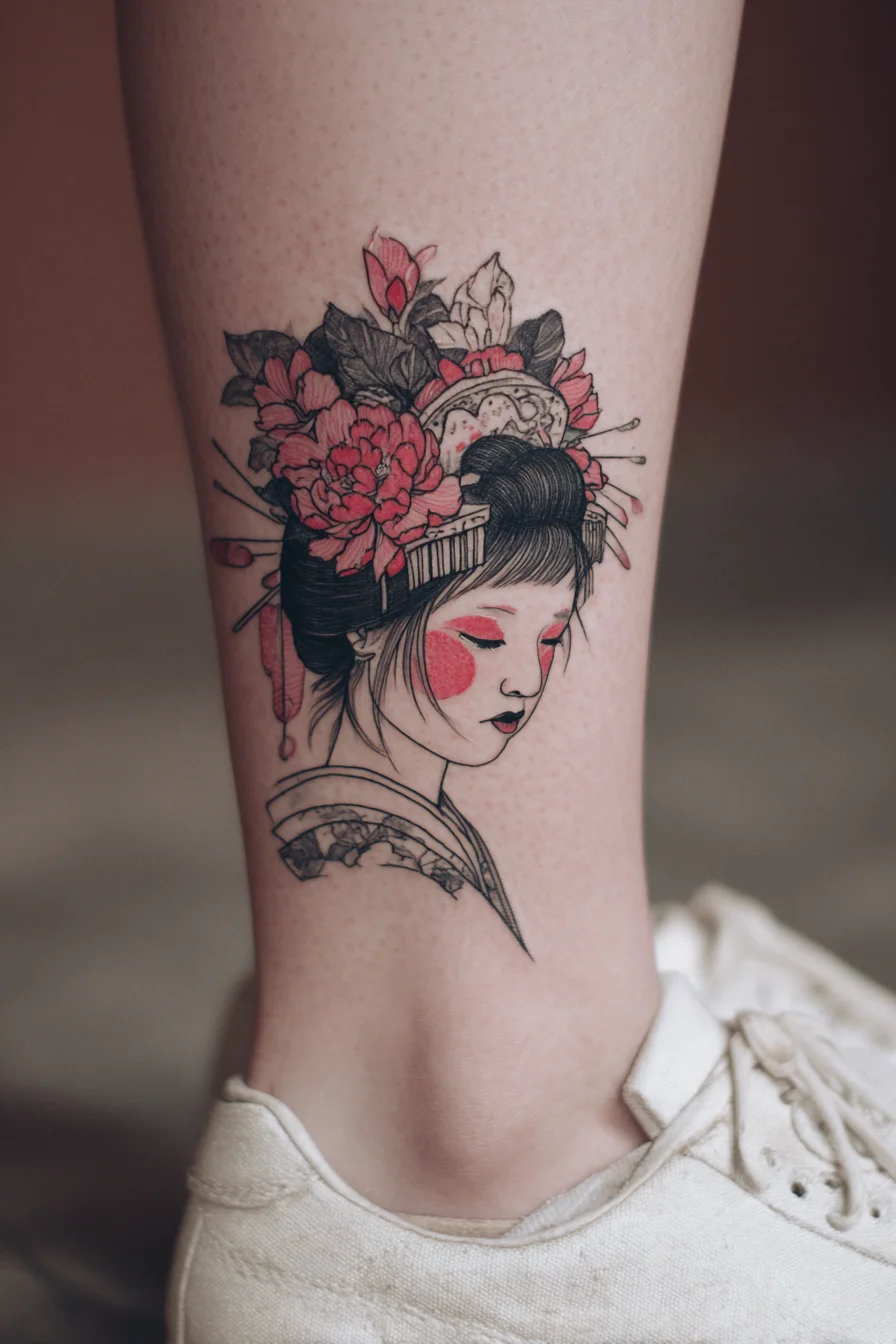 Geisha Portrait Ankle Tattoo