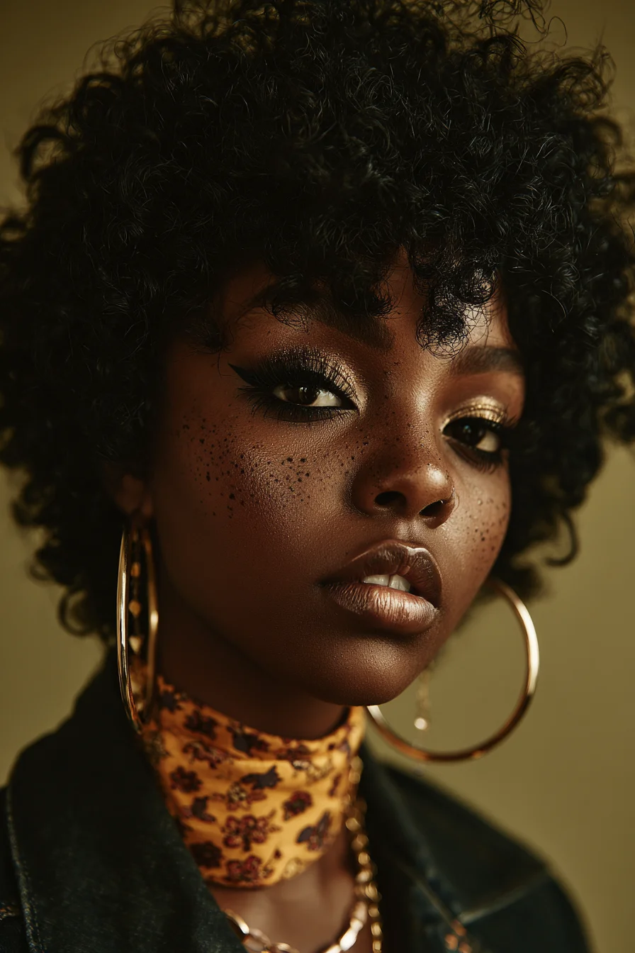 Gold-Lit Gaze with Natural Curls
