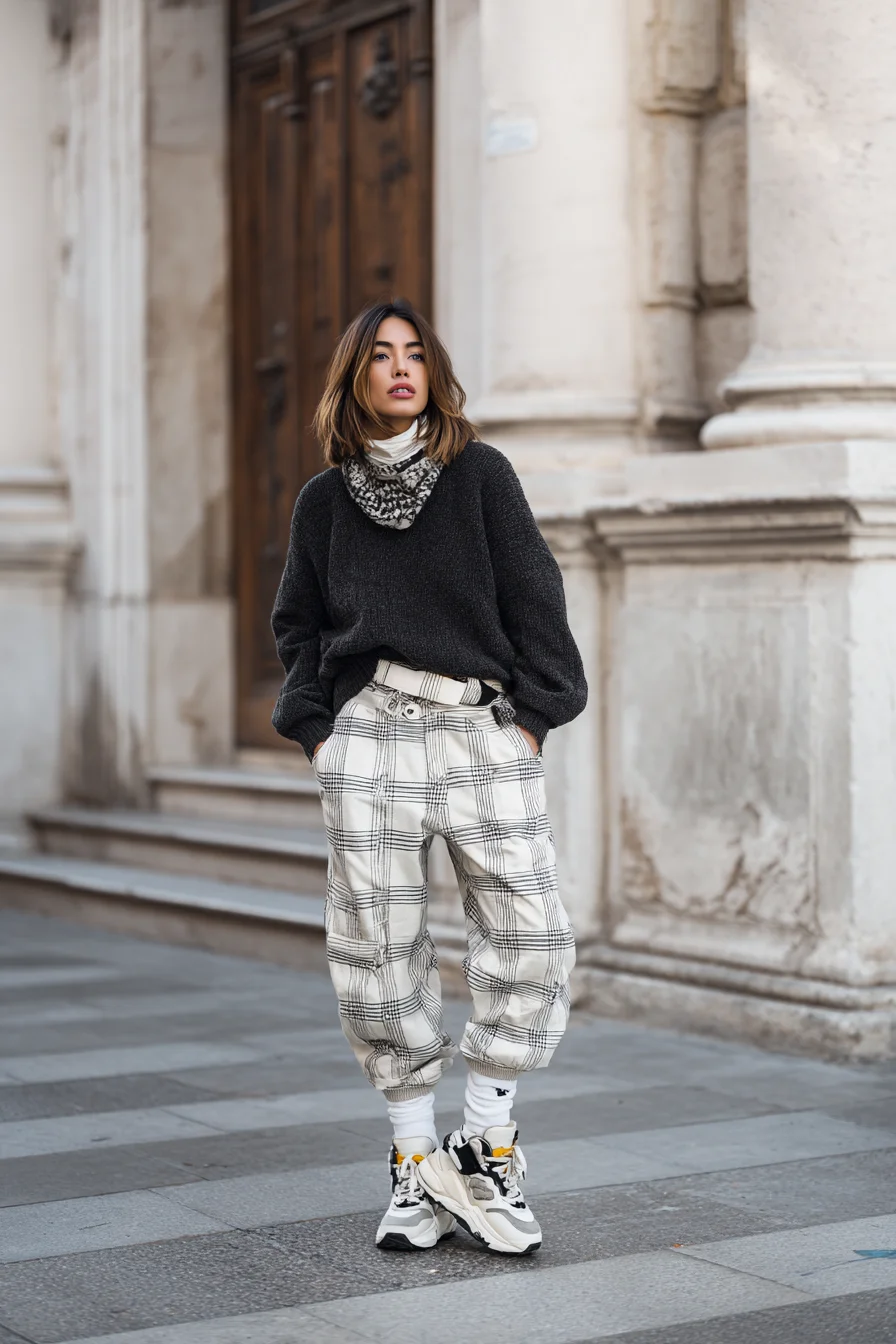 Plaid Joggers and Chunky Sneakers