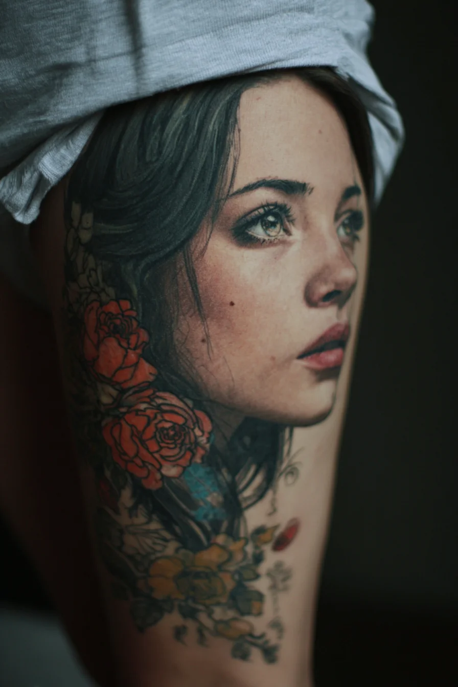 Portrait Tattoo With Floral Detail
