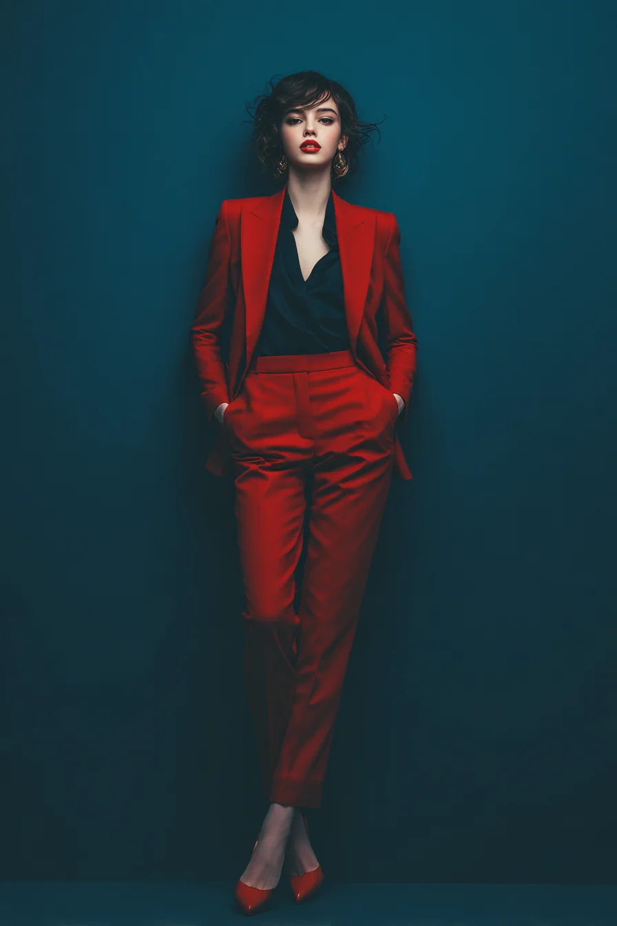 Red Power Suit Against Deep Teal