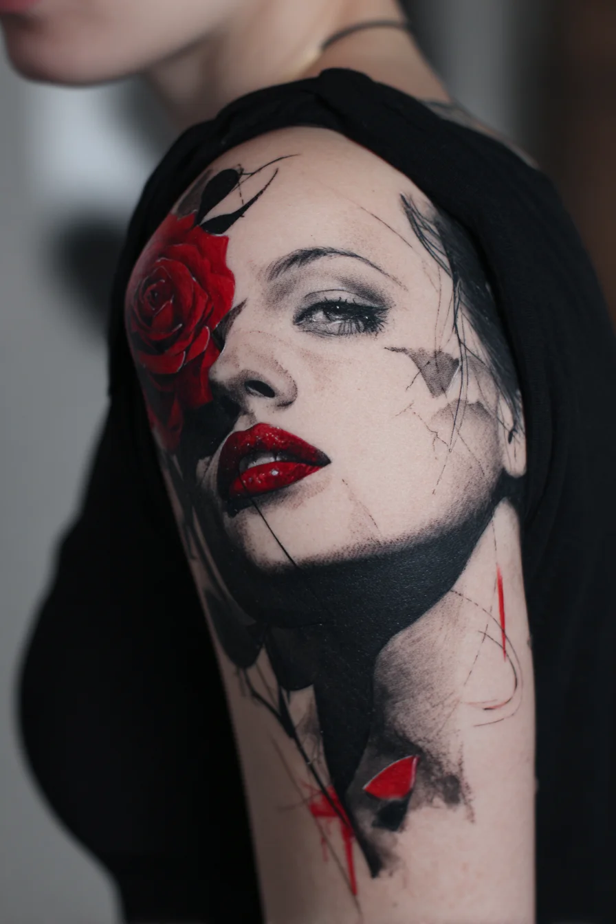 Red Rose Portrait Sleeve Tattoo