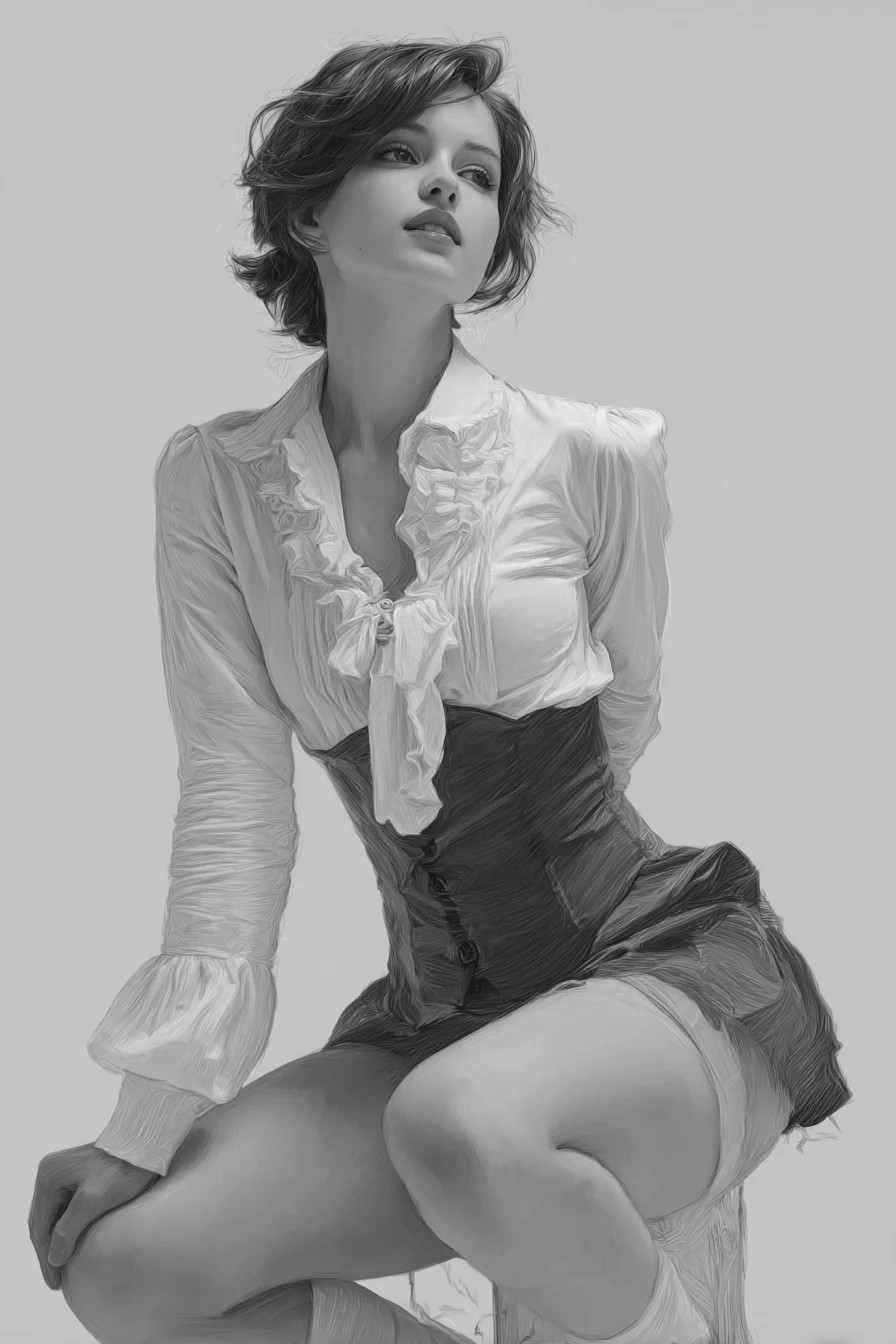 Ruffled Blouse and Dark Corset Skirt