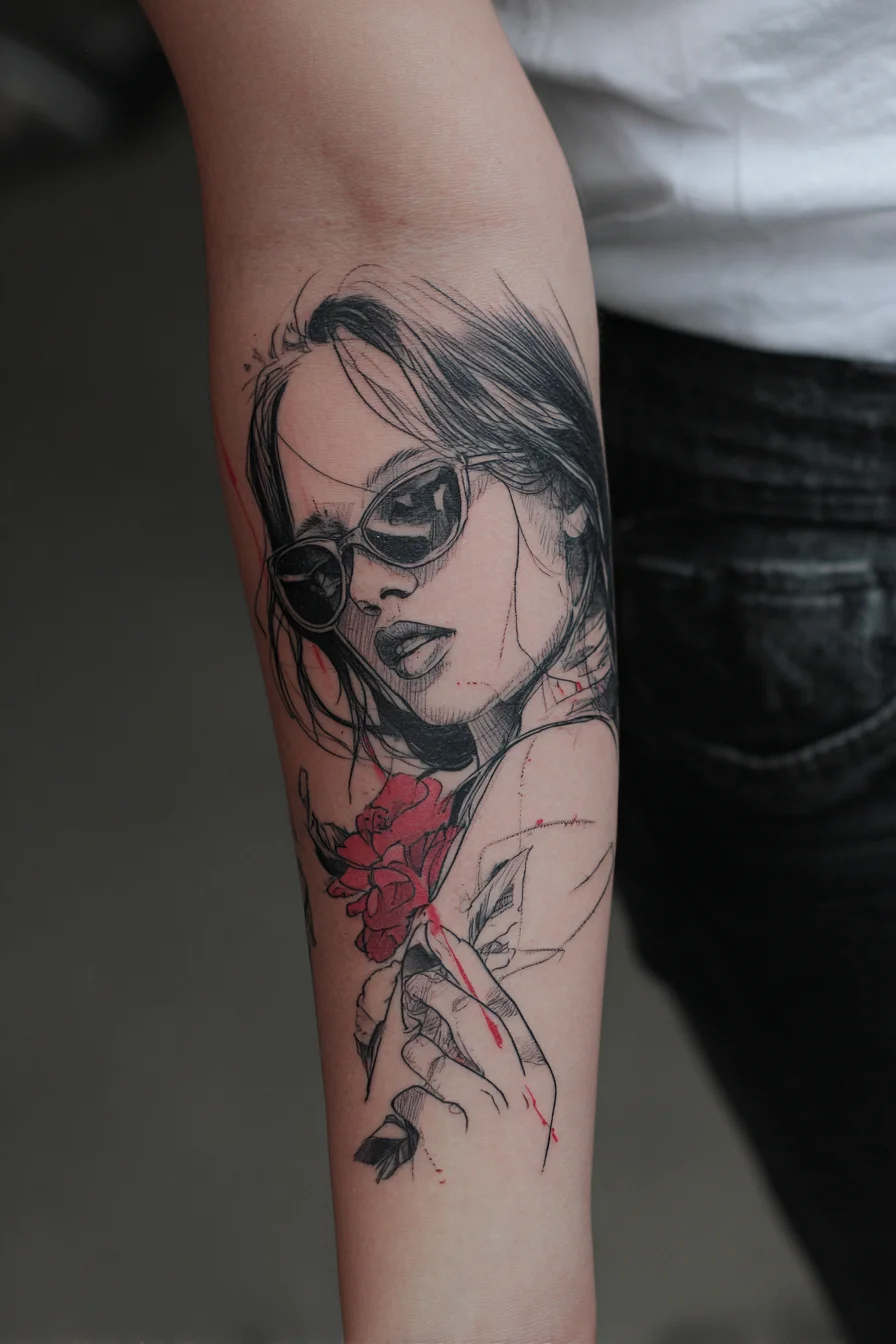 Sketch Portrait with a Red Rose