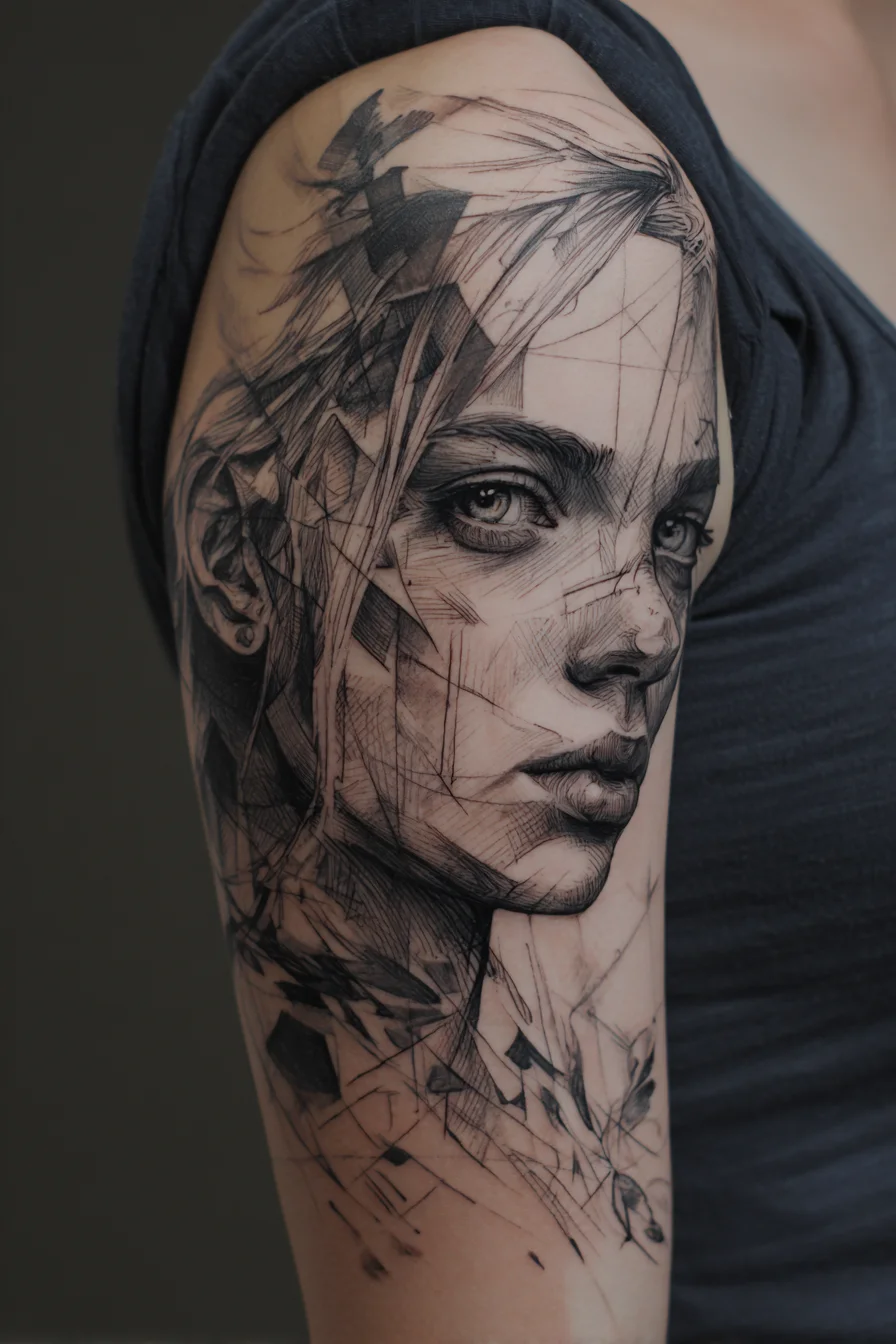 Sketch-Style Portrait Sleeve Tattoo
