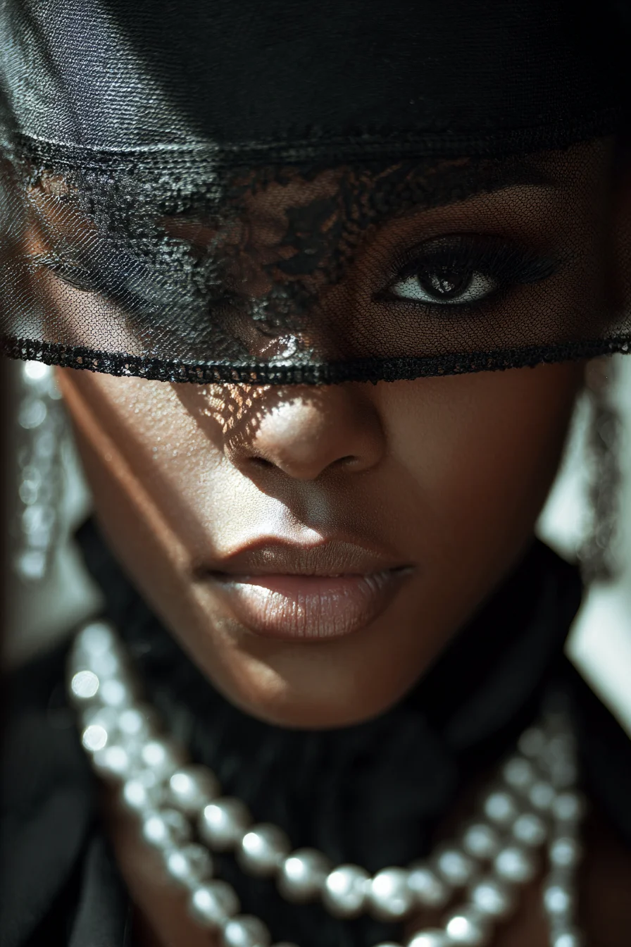 Veiled in Black Lace and Pearls