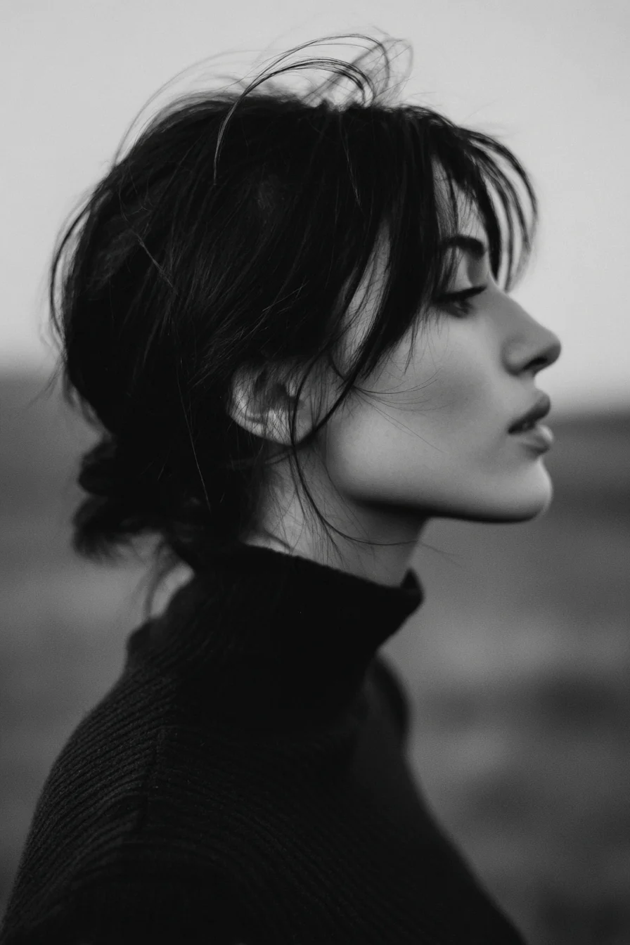 Wind-Caught Profile in Black and White